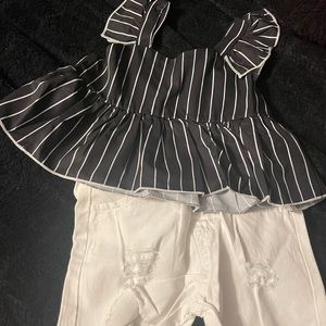 Toddler kids baby girl ruffle sleeve stripe shirt and white distressed shorts